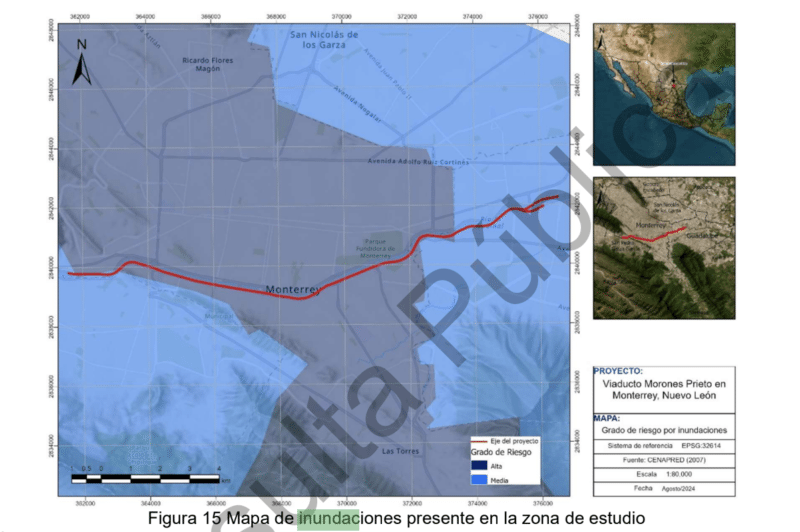 Mapa de inundaciones cercano al trazo del Viaducto Elevado